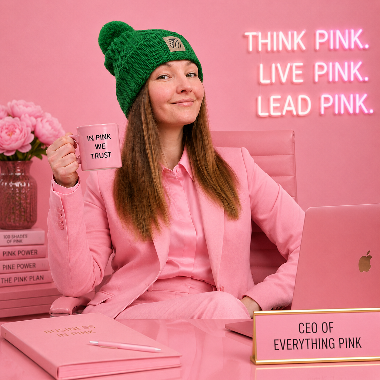 Jo, dressed in pink at her pink desk